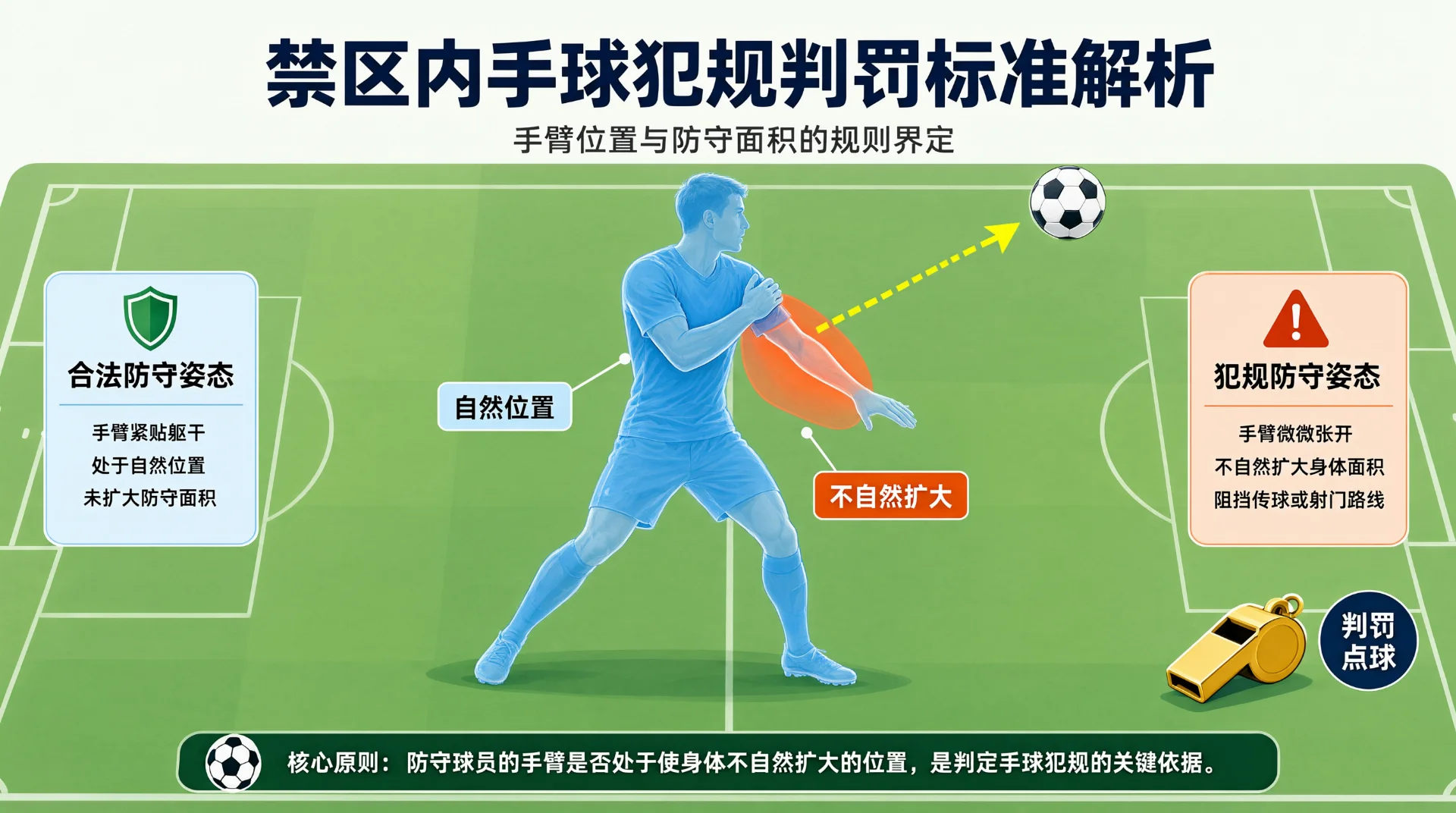 蓝色防守球员侧身站立，贴身手臂标注“自然位置”，外张手臂以橙色标为“不自然扩大”，虚线箭头指向足球；两侧文字框对比合法与犯规姿态，旁有哨子与“判罚点球”标识。