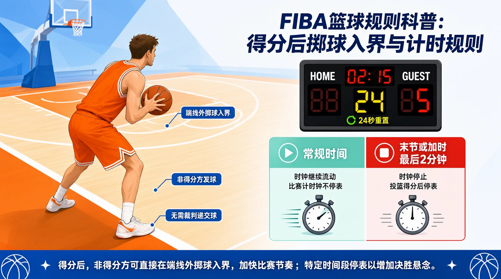橙衣球员在球场端线外双手持球准备掷球入界，旁有发球规则标注；计分板显示24秒重置；分屏示常规时间时钟流动、末节或加时最后2分钟时钟停止，各配秒表。